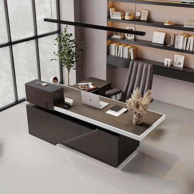 Alt view image 2 of 7 - 86" x 78" Luxury L-Shaped Executive Office Desk, Massive CEO Corner PC Workstation with Integrated Power Outlets, Smart LED Lighting & Heavy-Duty Storage Cabinet Right 86 in
