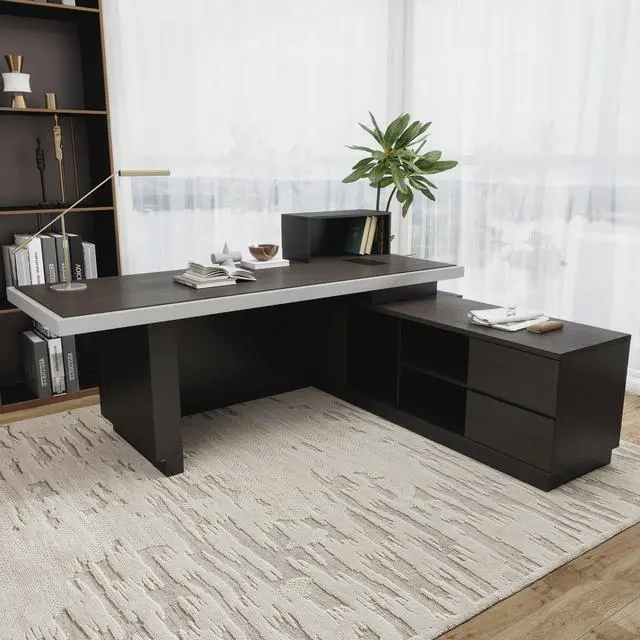 Alt view image 6 of 7 - 86" x 78" Luxury L-Shaped Executive Office Desk, Massive CEO Corner PC Workstation with Integrated Power Outlets, Smart LED Lighting & Heavy-Duty Storage Cabinet Right 86 in