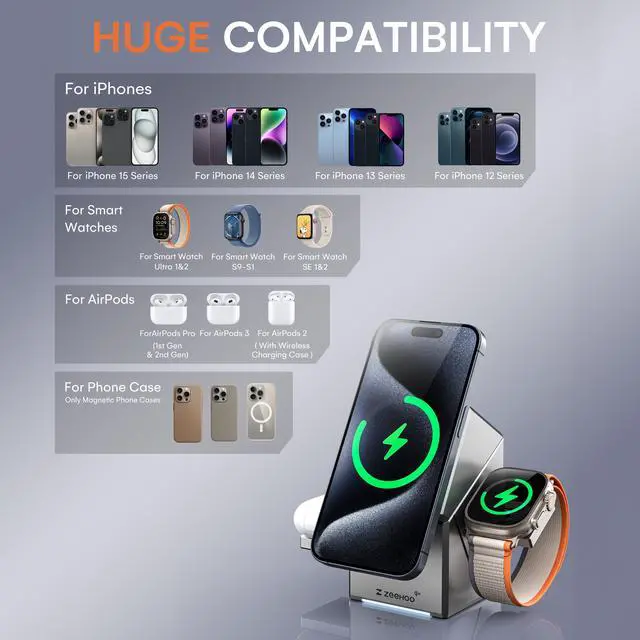 Alt view image 6 of 7 - ZEEHOO CubeTrickX 3in1 Magnetic Wireless Charging Station with 30W Fast Charger for iPhone 16 15 14 13 12, Apple Watch, and AirPods - Qi2 Certified, Auto-Rotating, Compact Design