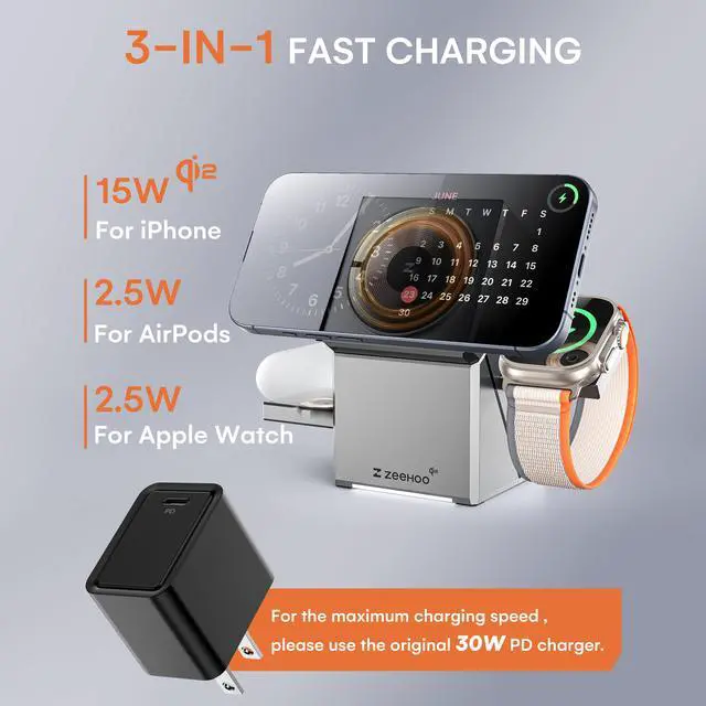 Alt view image 2 of 7 - ZEEHOO CubeTrickX 3in1 Magnetic Wireless Charging Station with 30W Fast Charger for iPhone 16 15 14 13 12, Apple Watch, and AirPods - Qi2 Certified, Auto-Rotating, Compact Design