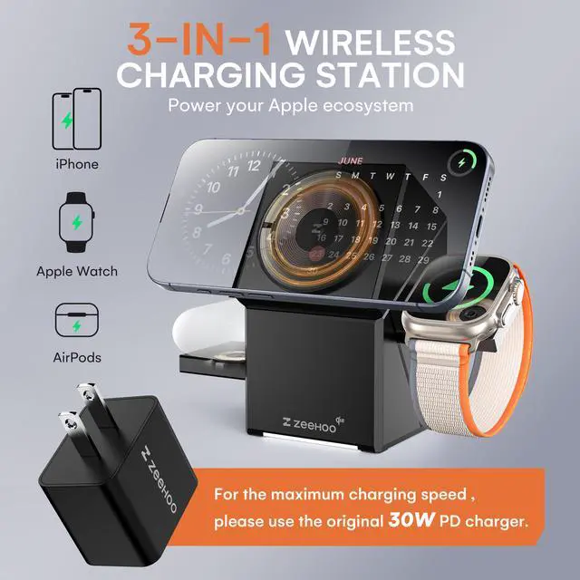 Alt view image 2 of 7 - ZEEHOO CubeTrickX 3in1 Magnetic Wireless Charging Station with 30W Fast Charger for iPhone 16 15 14 13 12, Apple Watch, and AirPods - Qi2 Certified, Auto-Rotating, Compact Design Black