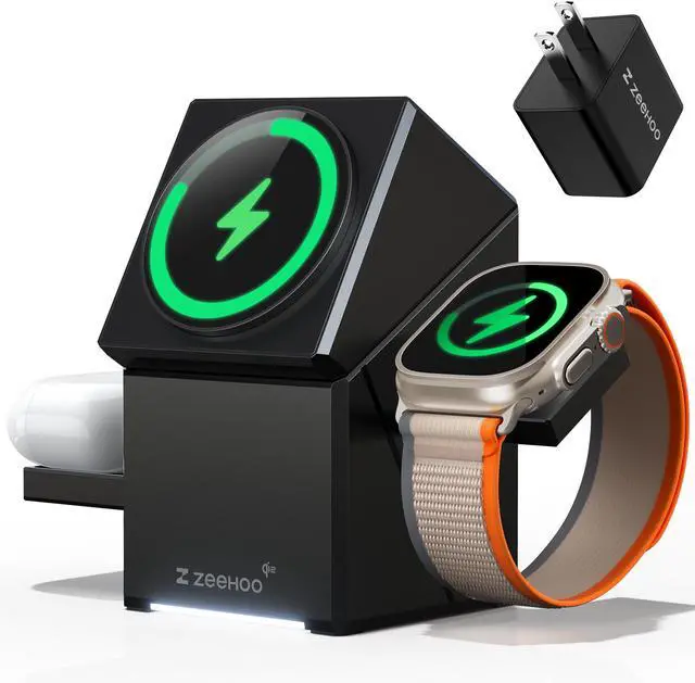 Main image of ZEEHOO CubeTrickX 3in1 Magnetic Wireless Charging Station with 30W Fast Charger for iPhone 16 15 14 13 12, Apple Watch, and AirPods - Qi2 Certified, Auto-Rotating, Compact Design Black