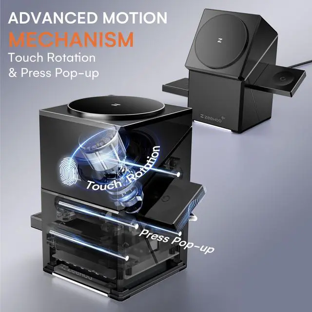 Alt view image 3 of 7 - ZEEHOO CubeTrickX 3in1 Magnetic Wireless Charging Station with 30W Fast Charger for iPhone 16 15 14 13 12, Apple Watch, and AirPods - Qi2 Certified, Auto-Rotating, Compact Design Black