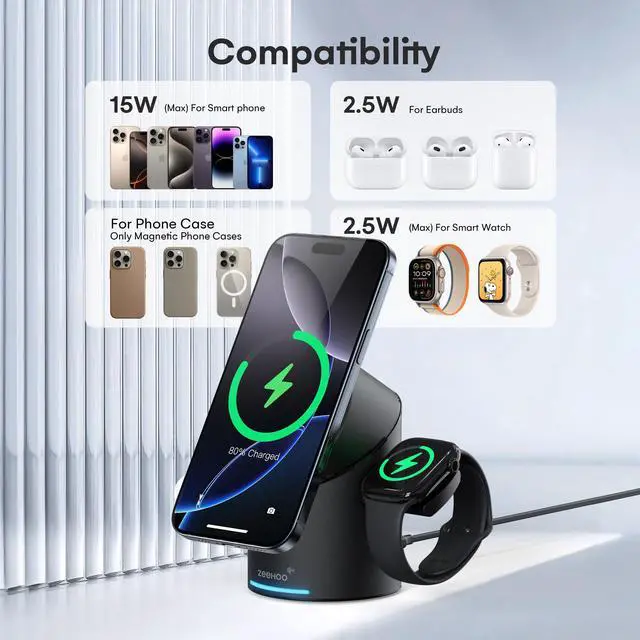 Alt view image 7 of 7 - ZEEHOO CylinTrick-R 3-in-1 Magnetic Wireless Charging Station with 15W Qi2 Fast Charging for iPhone 16/15/14/13/12, Apple Watch, and AirPods - Includes 30W Travel Adapter, Auto-Rotating Dock Black