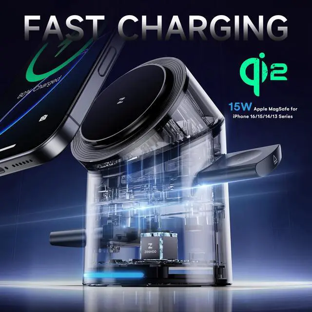 Alt view image 2 of 7 - ZEEHOO CylinTrick-R 3-in-1 Magnetic Wireless Charging Station with 15W Qi2 Fast Charging for iPhone 16/15/14/13/12, Apple Watch, and AirPods - Includes 30W Travel Adapter, Auto-Rotating Dock Black