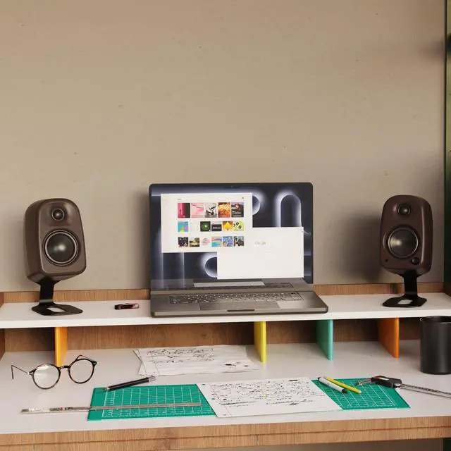 Alt view image 2 of 7 - Kanto UKI 100 W Active Desktop Computer Speakers with Bluetooth and USB-C | Intelligent Sub Integration | Headphone Out | Pair | Pumice