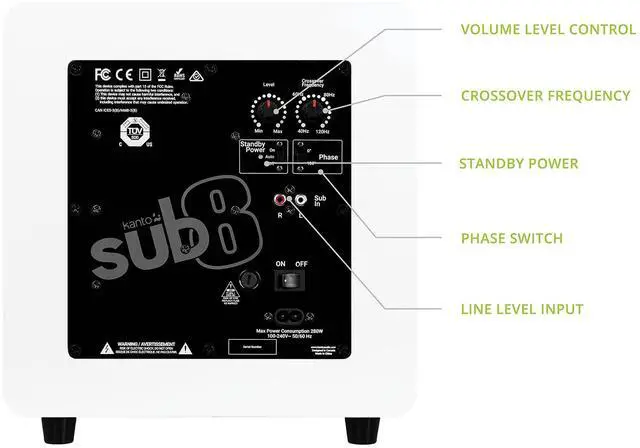 Alt view image 6 of 7 - Kanto ORA4 Bi-Amplified Reference Desktop Speakers + SUB8V 8" Sealed Powered Subwoofer Bundle | Bluetooth 5.0 | USB-C | Auto Crossover | 220W Total RMS | Matte White