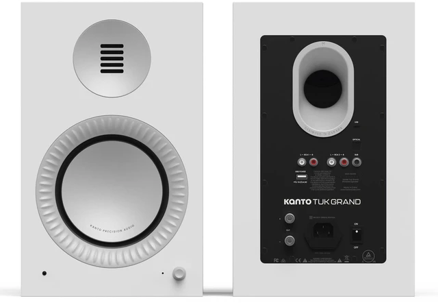 Alt view image 2 of 7 - Kanto TUK Grand 320 W Powered Speakers - Bluetooth® 5.4 aptX Adaptive - USB-C, Optical, RCA Inputs - 40 Hz 22 kHz - 80 Hz High/Low Pass Filter Pair - Matte White w/Aluminum