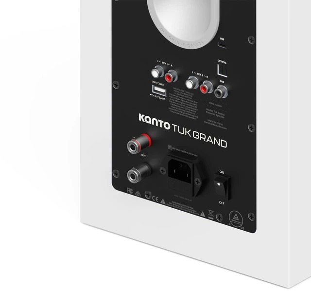Alt view image 5 of 7 - Kanto TUK Grand 320 W Powered Speakers - Bluetooth® 5.4 aptX Adaptive - USB-C, Optical, RCA Inputs - 40 Hz 22 kHz - 80 Hz High/Low Pass Filter Pair - Matte White w/Aluminum
