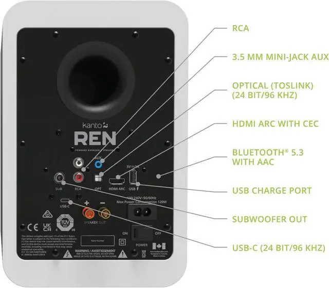 Alt view image 5 of 7 - Kanto REN 200W Powered Speaker System with HDMI ARC Input for TV & Home Theater | USB-C and Bluetooth 5.3 | High/Low Pass Filter | Pair | Matte White