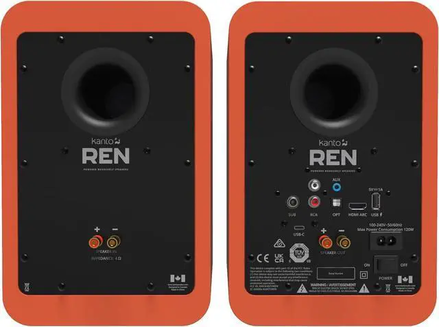 Alt view image 2 of 7 - Kanto REN 200W Powered Speaker System with HDMI ARC Input for TV & Home Theater | USB-C and Bluetooth 5.3 | High/Low Pass Filter | Pair | Matte Orange