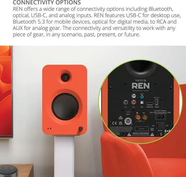 Alt view image 7 of 7 - Kanto REN 200W Powered Speaker System with HDMI ARC Input for TV & Home Theater | USB-C and Bluetooth 5.3 | High/Low Pass Filter | Pair | Matte Orange