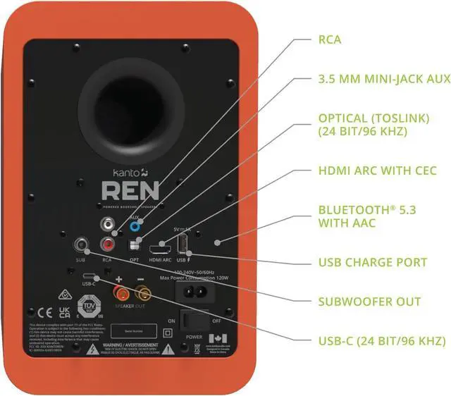 Alt view image 5 of 7 - Kanto REN 200W Powered Speaker System with HDMI ARC Input for TV & Home Theater | USB-C and Bluetooth 5.3 | High/Low Pass Filter | Pair | Matte Orange