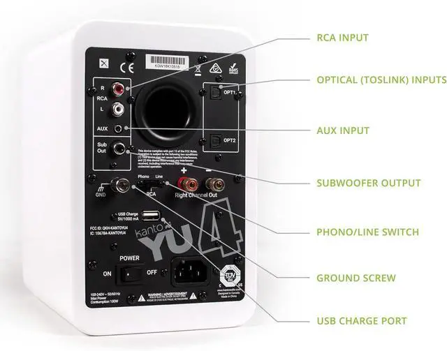 Alt view image 4 of 9 - Kanto YU4 Powered Bookshelf Speakers with Bluetooth® and Phono Preamp for Turntable, TVs, PC — Gloss White
