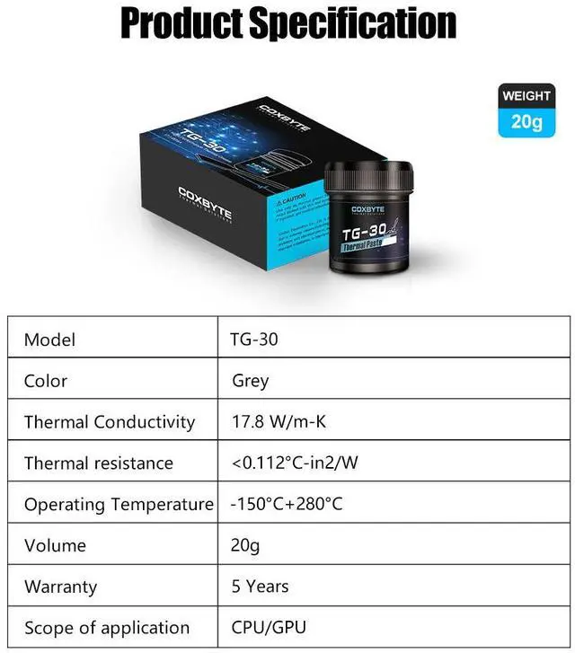 Alt view image 7 of 7 - Coxbyte TG-30 thermal paste with ultra-high thermal conductivity of 17.5W/mK, Premium Performance Thermal Paste for all processors, Canned 20g