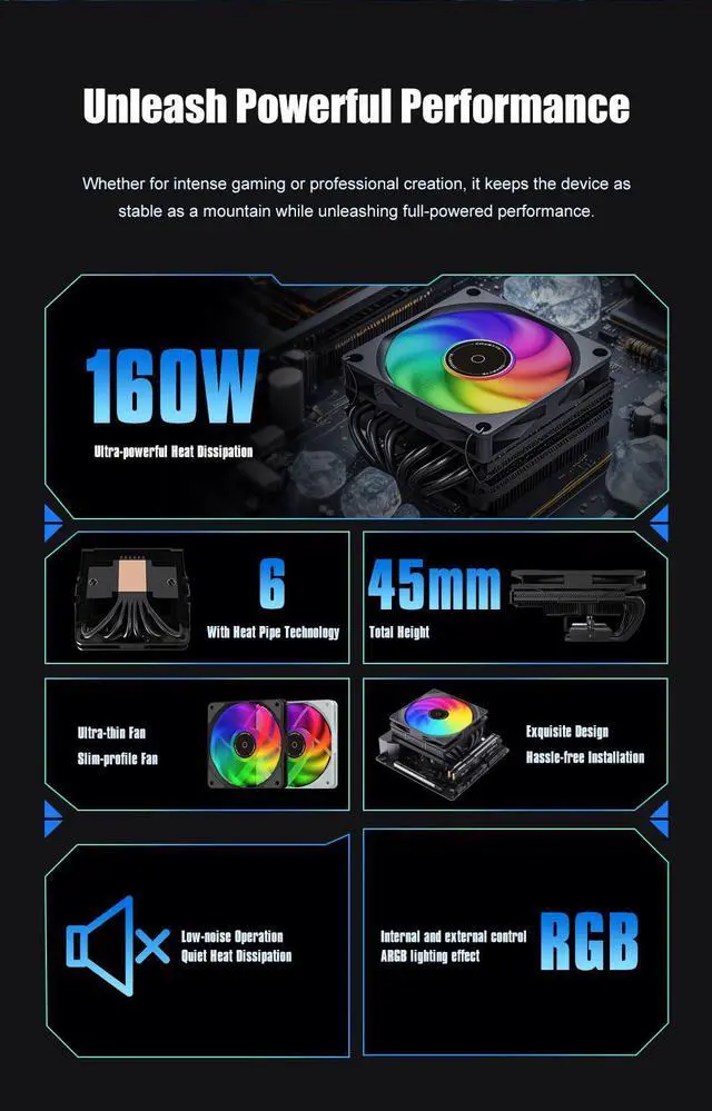Alt view image 4 of 7 - COXBYTE CFan-30V6 6 Heat Pipes Down-pressure CPU Air-cooling Cooler 45MM High 9CM Fan for LGA1200/1700/AM4/5 ITX Chassis