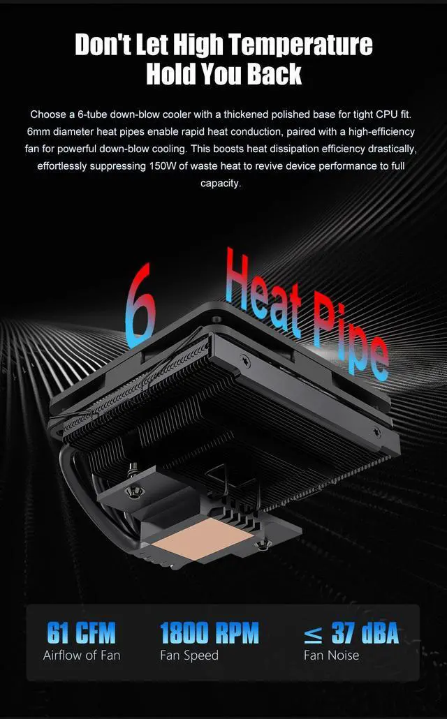 Alt view image 5 of 7 - COXBYTE CFan-30V6 6 Heat Pipes Down-pressure CPU Air-cooling Cooler 45MM High 9CM Fan for LGA1200/1700/AM4/5 ITX Chassis