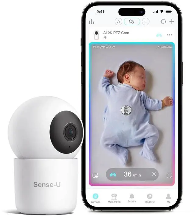 Main image of Sense-U 2K PTZ Baby Monitor Camera with 2K HD Video, Background Audio, Cry Detection, No Monthly Fee, Sensor-Free Sleep Breathing Movement Detection, Security Camera, for Peace of Mind