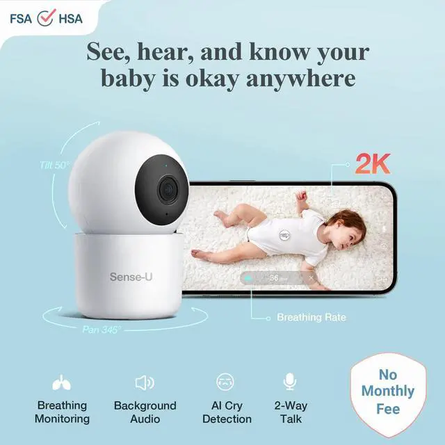 Alt view image 2 of 7 - Sense-U 2K PTZ Baby Monitor Camera with 2K HD Video, Background Audio, Cry Detection, No Monthly Fee, Sensor-Free Sleep Breathing Movement Detection, Security Camera, for Peace of Mind