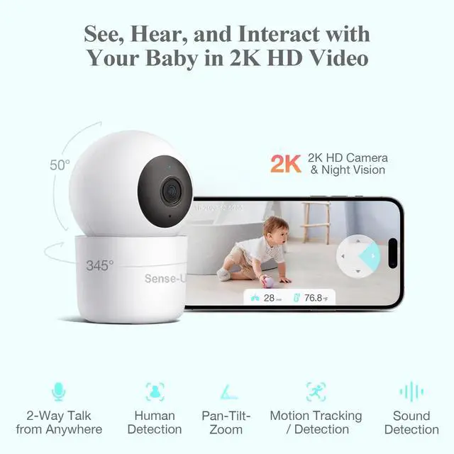 Alt view image 6 of 7 - Sense-U Pro Baby Monitor (Long Range) + 2K PTZ Camera - Track Abdominal Movement with 2K Video from Anywhere