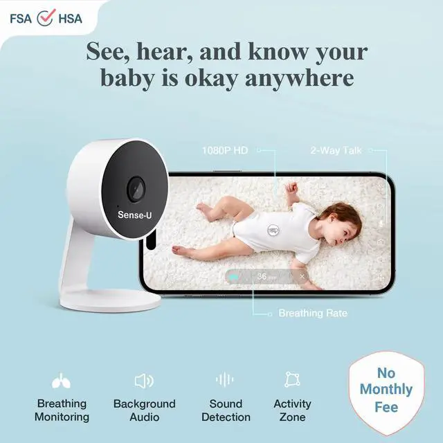 Alt view image 2 of 7 - Sense-U AI Baby Camera Monitor with Sensor-Free Sleep Breathing Movement Detection, Smart Security Indoor Video Camera with Background Audio, Sound Detection, No Monthly Fee, for Peace of Mind