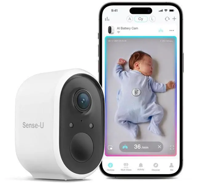 Main image of Sense-U Smart Security Baby Monitor Camera, Indoor/Outdoor Use, Al Breathing Detection, 1080p Video Monitor, Weatherproof Wireless Cam with Battery, 2-Way Audio, No Monthly Fee