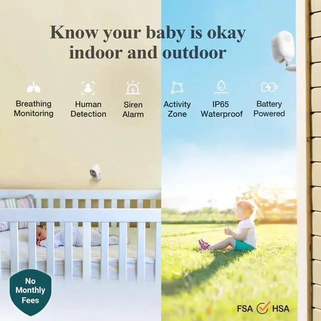 Alt view image 2 of 7 - Sense-U Smart Security Baby Monitor Camera, Indoor/Outdoor Use, Al Breathing Detection, 1080p Video Monitor, Weatherproof Wireless Cam with Battery, 2-Way Audio, No Monthly Fee
