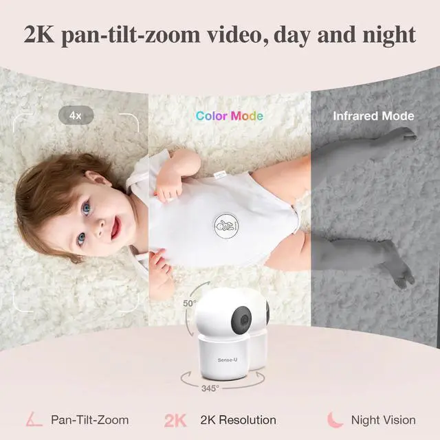 Alt view image 4 of 7 - Sense-U 2K PTZ Baby Monitor Camera with 2K HD Video, Background Audio, Cry Detection, No Monthly Fee, Sensor-Free Sleep Breathing Movement Detection, Security Camera, for Peace of Mind