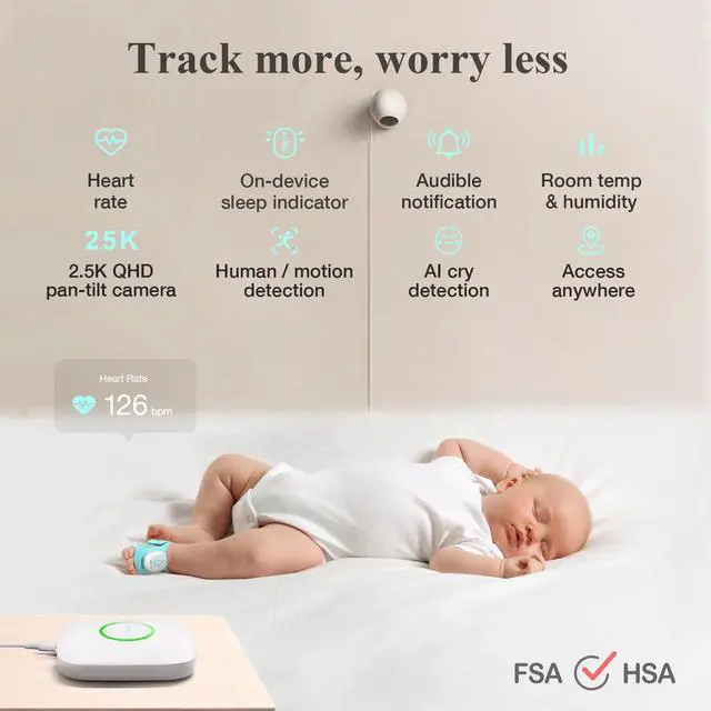 Alt view image 2 of 7 - Baby Monitor, Sense-U Baby Smart Sock Shoe Bundle(Sock Shoe Plus 2.5K PTZ Camera) - Track Heart Rate, Sleep Movement, Heartbeat, Pan-Tilt-Zoom Video, AI Cry Detection, Audio, FSA/HSA Eligible