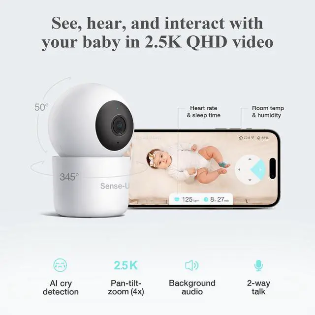 Alt view image 6 of 7 - Baby Monitor, Sense-U Baby Smart Sock Shoe Bundle(Sock Shoe Plus 2.5K PTZ Camera) - Track Heart Rate, Sleep Movement, Heartbeat, Pan-Tilt-Zoom Video, AI Cry Detection, Audio, FSA/HSA Eligible
