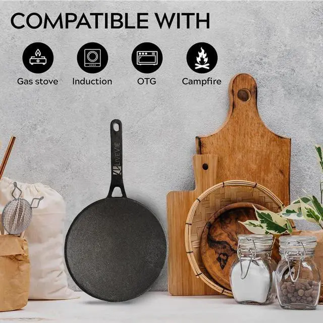 Alt view image 3 of 5 - LIVEVIE Cast Iron  Skillet (Tawa), Pre-Seasoned Griddle Concave Pan with 5.5-Inch Handle, Cast Iron Pan for Pancakes, Quesadillas, Grilled Sandwiches & More, 10-Inch