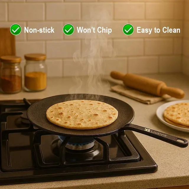 Alt view image 4 of 5 - LIVEVIE Cast Iron  Skillet (Tawa), Pre-Seasoned Griddle Concave Pan with 5.5-Inch Handle, Cast Iron Pan for Pancakes, Quesadillas, Grilled Sandwiches & More, 10-Inch