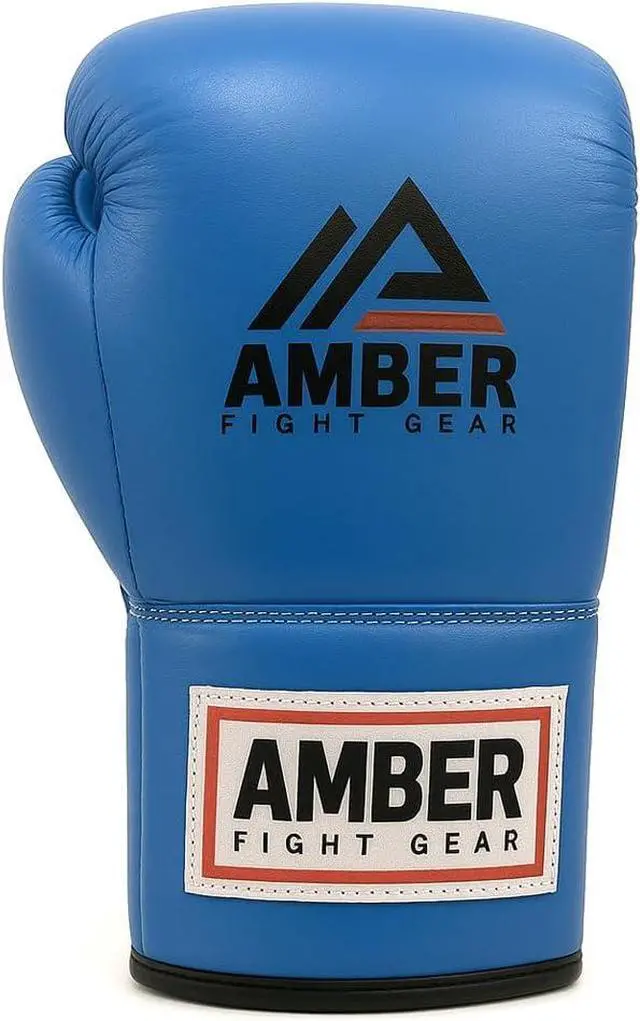 Alt view image 2 of 6 - Amber Fight Gear Premium All-Leather Professional Fight Gloves Padded, Pre-Curved, Safety-Focused Design with Layered Foam and Attached Thumb, for High-Performance Combat, Blue, 8 oz