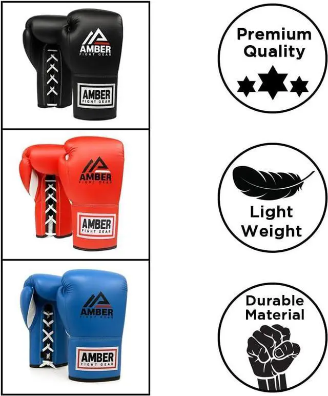 Alt view image 4 of 6 - Amber Fight Gear Premium All-Leather Professional Fight Gloves Padded, Pre-Curved, Safety-Focused Design with Layered Foam and Attached Thumb, for High-Performance Combat, Blue, 8 oz
