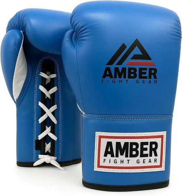 Main image of Amber Fight Gear Premium All-Leather Professional Fight Gloves Padded, Pre-Curved, Safety-Focused Design with Layered Foam and Attached Thumb, for High-Performance Combat, Blue, 8 oz