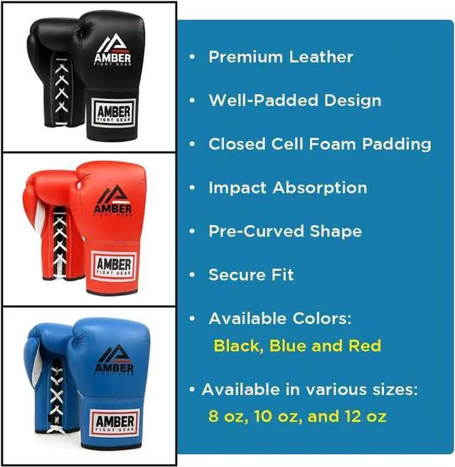 Alt view image 5 of 6 - Amber Fight Gear Premium All-Leather Professional Fight Gloves Padded, Pre-Curved, Safety-Focused Design with Layered Foam and Attached Thumb, for High-Performance Combat, Blue, 8 oz