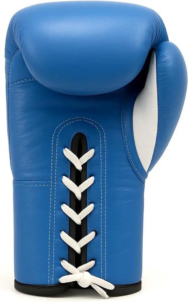 Alt view image 3 of 6 - Amber Fight Gear Premium All-Leather Professional Fight Gloves Padded, Pre-Curved, Safety-Focused Design with Layered Foam and Attached Thumb, for High-Performance Combat, Blue, 8 oz