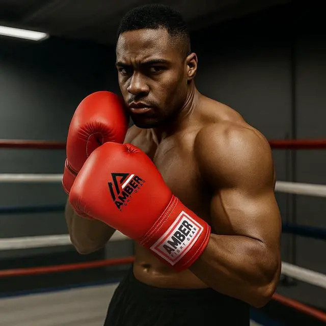 Alt view image 6 of 6 - Amber Fight Gear Premium All-Leather Professional Fight Gloves Padded, Pre-Curved, Safety-Focused Design with Layered Foam and Attached Thumb, for High-Performance Combat, Blue, 8 oz