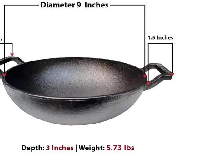 Alt view image 3 of 7 - LIVEVIE Cast Iron Deep Kadai Wok with Dual Handles, Heavy-Duty Cooking Pot for Deep Frying, Stir-Frying, Curries  Gas, Induction, Grill & Open Flame Compatible, 9 Inch