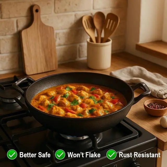 Alt view image 6 of 7 - LIVEVIE Cast Iron Deep Kadai Wok with Dual Handles, Heavy-Duty Cooking Pot for Deep Frying, Stir-Frying, Curries  Gas, Induction, Grill & Open Flame Compatible, 9 Inch