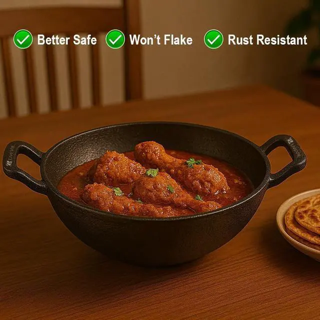 Alt view image 4 of 5 - LIVEVIE Cast Iron Deep Kadai Wok with Dual Handles, Heavy-Duty Cooking Pot for Deep Frying, Stir-Frying, Curries  Gas, Induction, Grill & Open Flame Compatible, 10 Inch