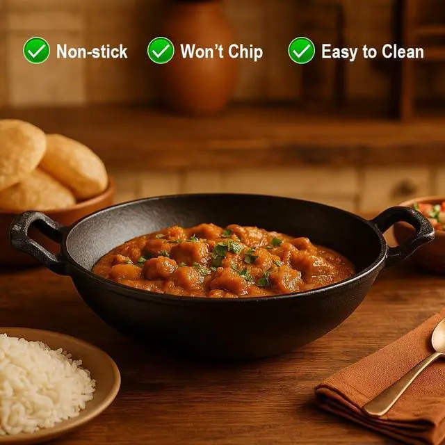 Alt view image 5 of 5 - LIVEVIE Cast Iron Deep Kadai Wok with Dual Handles, Heavy-Duty Cooking Pot for Deep Frying, Stir-Frying, Curries  Gas, Induction, Grill & Open Flame Compatible, 10 Inch