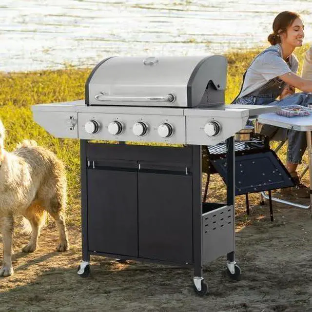 Main image of Livevie Stainless Steel 4-Burner Propane Gas Grill with Side Burner, 46,500 BTU BBQ for Outdoor Cooking, Patio & Garden  Black & Silver Finish