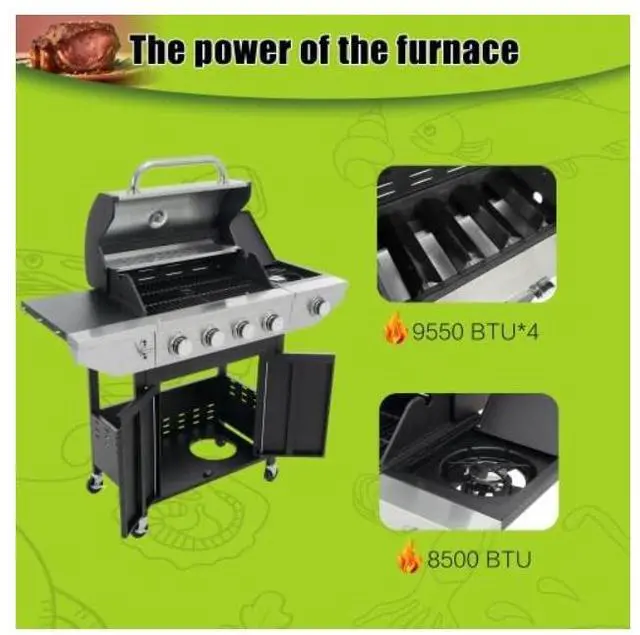 Alt view image 5 of 6 - Livevie Stainless Steel 4-Burner Propane Gas Grill with Side Burner, 46,500 BTU BBQ for Outdoor Cooking, Patio & Garden  Black & Silver Finish