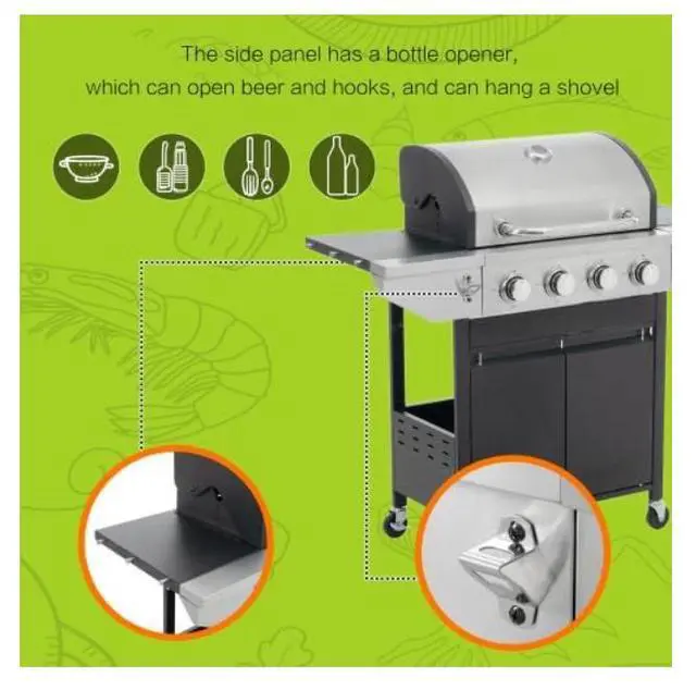 Alt view image 4 of 6 - Livevie Stainless Steel 4-Burner Propane Gas Grill with Side Burner, 46,500 BTU BBQ for Outdoor Cooking, Patio & Garden  Black & Silver Finish