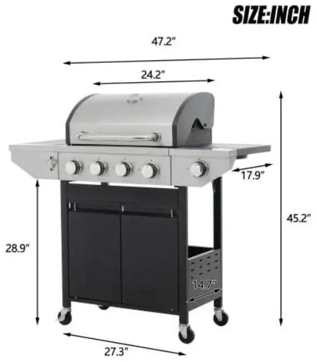Alt view image 6 of 6 - Livevie Stainless Steel 4-Burner Propane Gas Grill with Side Burner, 46,500 BTU BBQ for Outdoor Cooking, Patio & Garden  Black & Silver Finish