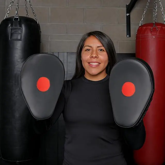Alt view image 4 of 5 - Amber Fight Gear Leather Focus Mitts, 100% Top Grain Leather, Shock Absorbing Foam, Full Hand Pocket, Durable Boxing Pads for MMA, Kickboxing, Muay Thai, & Martial Arts