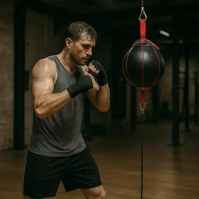 Alt view image 6 of 7 - Invincible Fight Gear Professional Leather Double End Boxing Bag with Bungee Cords for Boxing, MMA, Muay Thai, Fitness Speed Dodge Reflex Ball, Floor to Ceiling Training, 9 Inch