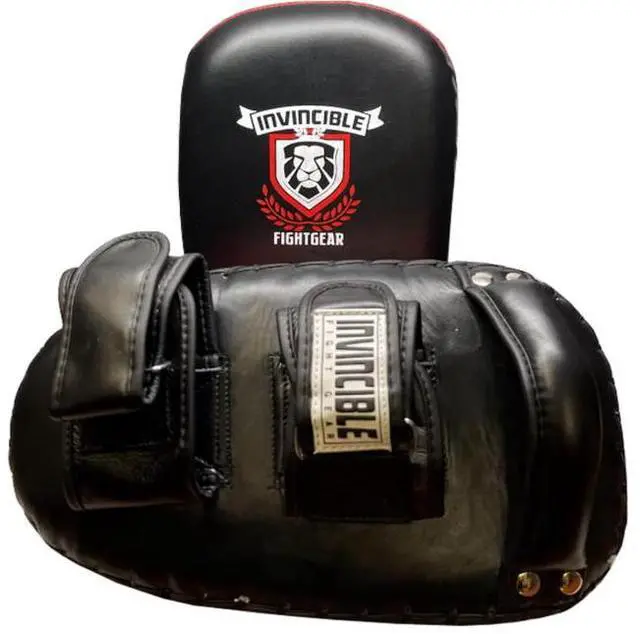 Alt view image 2 of 5 - INVINCIBLE FIGHT GEAR Premium Leather Thai Pad Kickboxing Strike Shields - Pair of Kick Training Pads with Solid Handle Grip and Dual Wrist Hook and Loop Straps for Boxing, MMA, Muay Thai