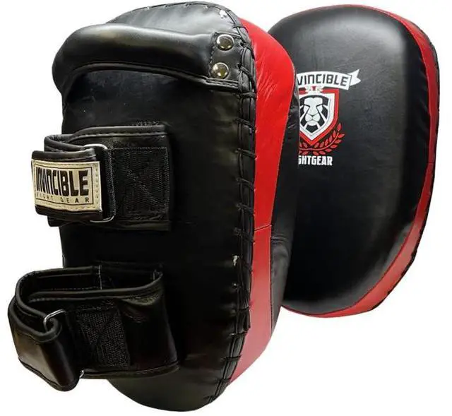 Main image of INVINCIBLE FIGHT GEAR Premium Leather Thai Pad Kickboxing Strike Shields - Pair of Kick Training Pads with Solid Handle Grip and Dual Wrist Hook and Loop Straps for Boxing, MMA, Muay Thai